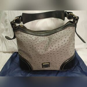 Dooney & Bourke Equestrian Strap Grey Ostrich Leather Black Trim Gold Hardware